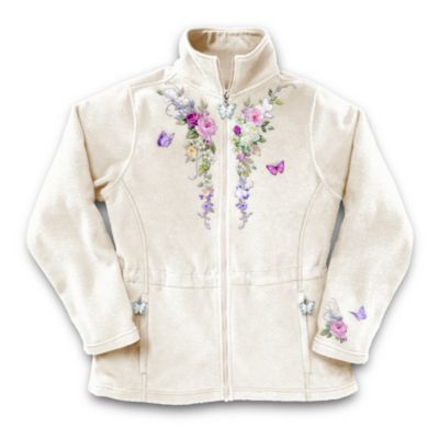 Step into a garden full of beautiful roses and graceful butterflies when you slip into the warmth of this embroidered fleece jacket, exclusively from The Bradford Exchange. This stylish women's fleece jacket is decorated with garden art from award-winning artist Lena Liu on the front and back for a beautiful design you'll love to wear.This embroidered fleece jacket is lavishly decorated with impressive floral embroidery and expertly fashioned of high-quality mid-weight fleece for incredible comfort and wind resistance. You'll love the flattering princess cut, drawstring waist and collar that can be worn up or down. For the perfect finishing touch, this women's fleece jacket features two sculpted butterfly zipper pulls. Don't wait to wear this unique, stylish jacket with garden art. Strong demand is expected. Order now!
