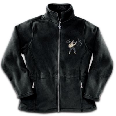 As the spotlights blazed, he'd strut on stage, dressed to thrill. He'd shake, rattle and roll - and then melt every heart in the house. Now, you can honor the King of Rock 'n' Roll&reg; with the exclusive Elvis fleece jacket, a wearable work of art only from The Bradford Exchange. Custom-crafted in classic black hues, this stylish women's fleece jacket will warm you with memories of the greatest rock legend, Elvis Presley, in the luxury of soft, durable fleece.You'll love how this Elvis fleece jacket features his classic image and a replica of his distinctive signature on the front. On the back, a raised design recalls his Comeback Special&reg; as more images of all his famous poses adorn his name in lights. Complete with a sculptural TCB&reg; zipper pull on the front and guitar zipper pulls that adorn each pocket for the perfect Elvis Presley tribute. Get ready to rock with this Elvis fleece jacket, but only if you hurry. Strong demand is expected, so order now!