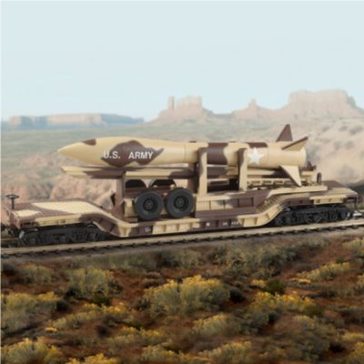 Help deploy the arsenal with a center-depressed flat car with detachable missile. Entirely painted in desert camouflage, the missile on this HO scale train accessory showcases the U.S. Army logo and signature white star.Accept your "marching orders" with this center-depressed flat car from Hawthorne Village. Flat car boasts machined metal wheels, knuckle couplers, blackened-brass axles, upright brakewheel and 6-wheel Buckeye trucks crafted of Celcon. Heavy demand is expected for this model train accessory that makes a perfect addition to a military enthusiast's train collection. Don't miss out - order now!