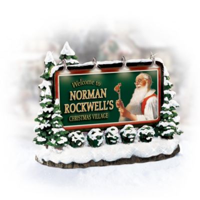 It's time to put your Christmas village's name up in lights! Remember the nostalgic days of yesteryear and extend your invitation to a winter wonderland with this collectible Norman Rockwell village accessory. A perfectly illuminated miniature billboard sign shines the way and offers a heartwarming welcome to your own personal Norman Rockwell Christmas village, available exclusively from Hawthorne Village. This meticulously handcrafted and hand-painted Christmas village accessory features sculpted accents including snow-covered trees and bushes. Plus, you will be delighted when you see 4 lights shining brightly Norman Rockwell's beloved masterpiece of Santa playing with one of his classic toys. You won't find a finer value anywhere, so don't delay! Order yours now!
