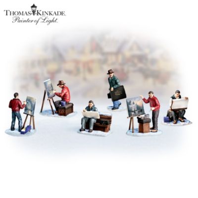 Thomas Kinkade has always had a special place in his heart for Christmas. Now, you can pay tribute to America's most collected living artist with this striking collectible Thomas Kinkade village accessory figurine set. Each of the 6 figurines in this set depicts the renowned artist in a timeless pose, from sitting on a tree stump with his canvas in hand to setting up his outdoor studio with an easel and upended box. Some canvases showcase authentic miniature replicas of cherished Thomas Kinkade holiday art!Celebrate the Painter of Light's vision of the beauty of the holidays with this enchanting set of Thomas Kinkade miniature replicas, available only from Hawthorne Village. This collectible village accessory figurine set is meticulously handcrafted in artist's resin and hand-painted in vibrant colors to achieve incredible detail. Imagine how delightfully these village accessories would complement any Thomas Kinkade collection and you won't find a finer value anywhere! Strong demand is expected, and you won't want to miss out. Order now!