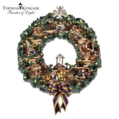 Thomas Kinkade Testament To Faith Lighted Wreath - The Passion Of The Christ Religious Art Wreath