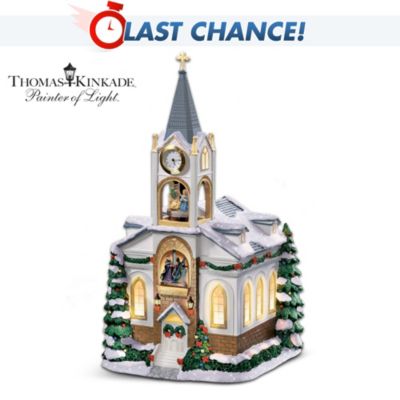 Lights, Music, Action! Now you can add extra sparkle to your holiday decor with this first-of-its-kind town center glockenspiel sculpture! The festively decorated, "snow-covered" town center church features a steeple clock that actually works. The sculpted figures of the Holy Family and the Three Magi are nestled within the steeple recesses, and turn gently in time to glockenspiel music. It's impressively sized to make the perfect centerpiece to any Christmas village.You'll love displaying this Christmas town center year after year. It's handcrafted with attention to the smallest of details, and exclusively from The Bradford Exchange, Hawthorne Village Division. The church is illuminated from within to cast a warm glow. It plays a medley of 8 holiday favorites to help you celebrate the season. Strong demand is expected, so order now.