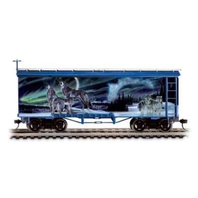 Watch as the night comes alive with this first-ever glow-in-the-dark train car featuring all-new, original wolf art by acclaimed artist Al Agnew, available exclusively from The Bradford Exchange, Hawthorne Village Division.This On30-scale, heirloom-quality train car is meticulously crafted and highly detailed to coordinate perfectly with the Silver Moon Express Train Collection. Mr. Agnew's dramatic artwork portrays majestic wolves howling beneath a moonlit sky shimmering with the Northern Lights. Turn off the room lights, and it radiates a mysterious glow! A must-have addition to your treasured train display, but strong demand is expected, so hurry - order now!