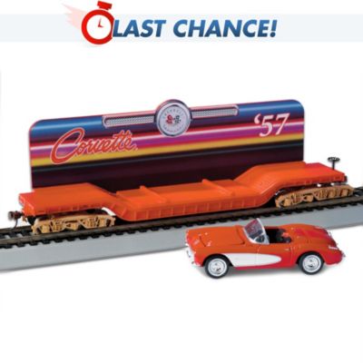 Providing the first-ever option of fuel injection, the 1957 Corvette&reg; was as exciting inside as it was attractive on the outside, and it further confirmed Corvette's status as a true American performance icon. That's why we are proud to introduce this HO-scale Corvette train car, boldly displaying this Chevrolet classic. And best of all, this flatbed train car showcases a removable 1957 Corvette 1:64 scale diecast car by ERTL&reg;, with a hood that really opens, and a red and white paint scheme.  This heirloom-quality Corvette train car makes the perfect addition to your HO-scale electric train set, and is available only from The Bradford Exchange, Hawthorne Village Division. Meticulously crafted by master artisans with precision detailing, the flatbed Corvette train car includes a solid metal chassis, steel alloy wheels and gleaming golden touches. Strong demand is expected and you won't find a finer value anywhere, so order now!
