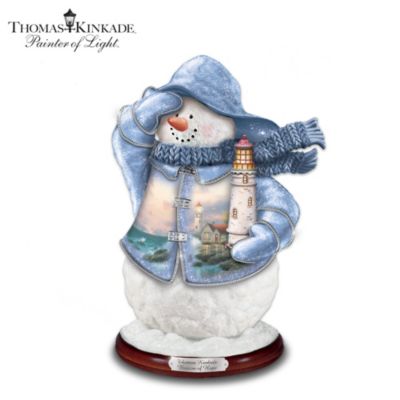 He's got cold hands but a warm heart! This limited-edition collectible Thomas Kinkade snowman figurine is an inspirational decoration that captures Mr. Kinkade's acclaimed lighthouse artwork in an exciting new way. This first-ever lighthouse snowman by Thomas Kinkade is a Bradford Editions handcrafted exclusive that will enchant you with his adorable face and luminous art!Thomas Kinkade's beloved "Beacon of Hope" graces the snowman's slicker. A sculptural lantern, floppy hat, scarf and mittens complete his "lighthouse keeper" garb. Glittery "snow" accents add a whimsical winter touch! This charming snowman makes a wonderful Thomas Kinkade gift or a keepsake for you. Don't miss him! High demand is expected, so order now!