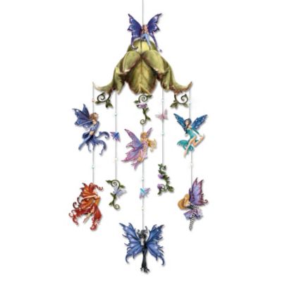Let your imagination take you to a beautiful world of magic with this enticing collectible Amy Brown fairy art hanging sculpture. This handcrafted, hand-painted home decor boasts a leafy display hanger, seven mystical fairies captured in playful poses, and dragons, butterflies and flowers on simulated jewel strands.Fall under the spell of Ms. Brown's lovely feminine fairies with this limited-edition collectible fairy art hanging sculpture, available exclusively from The Bradford Editions. Lightly drifting on simulated jeweled wings, fairies are adorned with charming bustiers, boots, stockings, gloves and swirling skirts. A flutter of demand is expected for this unique home decor and you don't want to miss out. Order now! A fine collectible, not intended for children.