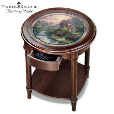 Thomas Kinkade Lamplight Bridge Painting Inspired Decorative Round Wood Accent Table