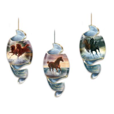 If you love the untamed power of America's wild horses and the freedom they symbolize, you'll thrill to own these three innovative, spiral-shaped ornaments showcasing the acclaimed equine portraiture of noted western artist Chuck DeHaan. An exclusive first from Bradford Editions collectible ornaments!The horses appear to run with the joyous spirit of unbridled freedom along the spiraling porcelain path - ideally lending themselves to the visual flow of DeHaan's art. You're spirits will soar too when this magnificent set arrives at your door! Don't wait - order yours today!