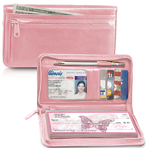 Pink Zippered Leather Checkbook Cover