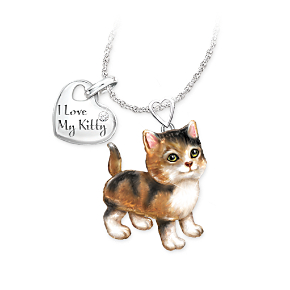 Calico Kitty Diamond Pendant Necklace: Legs and Tail Move