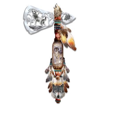 Even in the midst of the deadliest winter, the distinct cry of the wolf leads the pack through the frigid air in defiance. Now you can herald their powerful arrival with a Native American-style collectible ceremonial tomahawk replica collection, available exclusively from The Bradford Exchange. Showcasing masterful wolf art by artist Al Agnew, the call of the wild begins with Issue One, Sign of the Wolf. Soon your collection will continue with Issue Two and additional wall decor, each a separate issue to follow.Impressively handcrafted from fine artist's resin, each issue in this Native American-style collectible ceremonial tomahawk replica collection features a totem pole-style handle, providing an beautiful canvas for captivating wolf art by artist Al Agnew. Each blade is a masterpiece in itself, with intricately cut-out sculpture showcasing the most revered creatures in the wild. Adorned with real feathers and beadwork, this entire wolf sculpture wall decor collection is not to be missed. Order now!