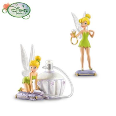 Whenever she leaves Never Land, Tink can't help but fall in love with all the elegant treasures every girl adores. Now, you can explore the fun, feminine side of your favorite fairy with this collectible Tinker Bell figurine collection! Licensed by Disney and available from The Bradford Exchange, your collection arrives in sets of two, beginning with Issue One, The Bigger the Better and A Fairy Sweet Surprise. Soon, the glamour continues with Issue Two, Pixie Pizazz and A Perfect Fit, and additional sets of two Tinker Bell figurines, each a separate issue to follow. Handcrafted of fine artist's resin and expertly hand-painted, each set of two limited-edition figurines in this collection showcases Tinker Bell as she explores a "human-sized" vanity table and tries out everything she sees, from a string of pearls to a pretty perfume bottle! Dozens of sparkling simulated gems and glitter accents add to the feminine charm. Strong demand is expected, so don't miss out - order now!Fine collectibles, not intended for children.