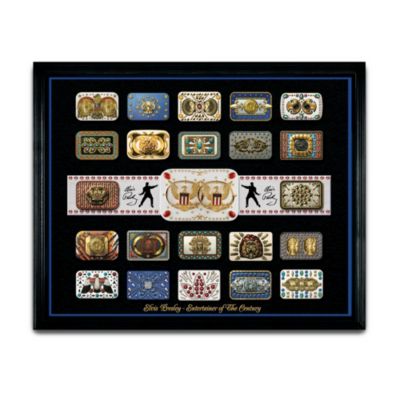 As Elvis&reg; moved his hips in mesmerizing motion, everyone noticed his colorful jumpsuits and matching belts. Now you can pay tribute to The King's trends with this first-of-a-kind dazzling collectible Elvis Presley belt buckle collection. Your collection begins with Issue One, American Eagle and Owl. Soon, this collection will continue with Issue Two, Sunburst and Rainbow and additional issues of 2 belt buckle sets, each a separate issue to follow.‡ A FREE* custom wood Display Case - a $79 value, yours with the collection - will ship after Issue Three.Exclusively from The Bradford Exchange, each issue in this collection features a set of two handcrafted miniature replica pewter belt buckles painted in striking colors and accented with the brilliance of bronze, copper and gold. Plus, this unique Elvis memorabilia concludes with the extra-large "Aloha from Hawaii" buckle for a total of twenty-three buckles. High demand is expected for this ideal Elvis fan gift, so order now!