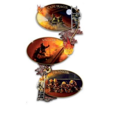 Firefighters risk their lives for the sake of others. You can honor their bravery with this first-of-its-kind firefighter plate collection. Each glow-in-the-dark plate in this collection feature sculptural accents and a unique image by decorated veteran combat firefighter and acclaimed artist Allan Albaitis. Plates showcase dramatic art in warm colors by day, while the plates and the display glow-in-the-dark at night. Your collection begins with Issue One, The Rescue, and continues with Issue Two, The Challenge (Display),  then Issue Three, The Firefight and your collection will be complete with Issue Four, Extinguish The Flame, each issue to arrive separately.‡This limited-edition Heroes of the Night Plate Collection is exclusively from The Bradford Exchange. Each handcrafted and hand-painted plate is secured in a custom-crafted display rack that resembles a crumbling brick building facade. Order within the next 10 days, and you'll receive a FREE lighted key chain valued over $19.99, and shipped with Issue One. High demand is expected, so order now!