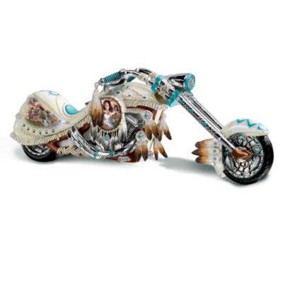 There's no escape quite like the open road. Now you can celebrate the wanderer in you with this Native American-inspired chopper figurine collection, beginning with Issue One, Dream Down the Highway . Soon your collection will continue with Issue Two, Thundering Spirits, Issue Three, Mystic Cruiser and additional Native American inspired collectible chopper figurines, each a separate issue to follow.Available from The Bradford Exchange, each fantasy chopper in this collection is handcrafted of precision-cast artist's resin and gleams with chrome-plated metal details, hand-painted turquoise accents, sculpted, free-hanging feathers, fringe and the look of leather strapping. Each issue includes a massive V-twin engine and showcases esteemed artist Robin Koni's striking maiden portraits. Strong demand is expected. Order now!