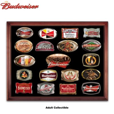 Nothing satisfies like the King of Beers&reg;! Since 1876, Budweiser&reg; has probably accounted for more good times than any other brew. Now it's time to buckle up and take a refresher course in Bud history with a first-of-its-kind belt buckle collection honoring over a century of advertising from this classic American lager. Your authentic tribute through the years begins with Issue One, Genuine Bud and Bud in Bottles. Soon your collection will continue with Issue Two, and additional sets of two metal belt buckles, each a separate issue to follow. As part of your collection, an INCLUDED custom 3-D wooden display case - a $79 value - will ship after Issue Three and a genuine leather belt - a gift worth $24.98 arrives with Issue One.Available only from The Bradford Exchange, this Budweiser belt buckle collection captures vintage beer labels on hand-cast metal buckles, accented with bronze, copper and golden finishes. Each set of two in this collection recalls the colorful history of Budweiser's unforgettable advertising campaigns. Premium Budweiser collectibles, these sharp belt buckles are sure to impress whether you wear them in style, or display them in the nearly two-foot long wood-framed display case. Strong demand is expected, so don't miss this refreshing limited-edition collection. Buckle up and order now!