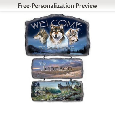 From the grandeur of winter to the splendor of summer, and every season in between, wolves remain a symbol of all that is wild and free. Now you can invite their majesty into your home with the Sentinels of the Seasons Welcome Wall Decor Collection, available exclusively from The Bradford Exchange. Interchangeable stone-look plaques showcase the magnificent wolf artwork of acclaimed artist Al Agnew beginning with Issue One, the current season. Soon your collection will continue with Issue Two, the Welcome to Our Home display, and additional wolf plaques, each a separate issue to follow.Handcrafted of artist's resin, with the look of natural stone, each seasonal plaque in your collection ushers a different portrait of a pack of wolves artwork into your home. And you can hang each interchangeable plaque from the "Welcome to Our Home" display. Strong demand is expected for this wolves welcome wall decor collection, so don't wait to join the pack for every season - order now!