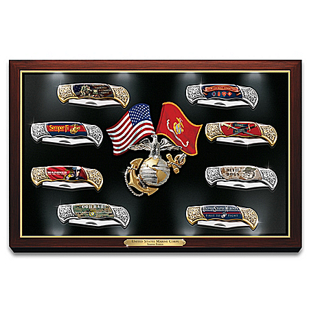 USMC Stainless Steel Pocket Knife Collection with USMC Art and Display Lights Up