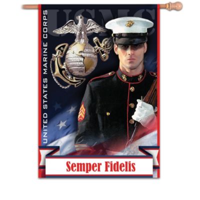 Pay tribute to those who courageously serve our country with this first-ever United States Marine Corps flag collection exclusively from The Hamilton Collection. You can embrace the marine's motto, Semper Fidelis, "Always faithful," by displaying different flags representing patriotic holidays throughout the year. Each flag features an honoring portrait of one or more marines in uniform and ready for service, with Old Glory proudly waving in the background. Your collection begins with Issue one, Semper Fidelis, and is followed by Issue Two, Veteran's Day, then Issue Three, Honor, Courage, Commitment, and additional collectible USMC Esprit de Corps flags, each a separate issue to follow.‡Each first-of-a-kind collectible flag in this collection is uniquely designed with dramatic images; they are eye-catching for all to see. You'll appreciate the high-quality construction of durable, waterproof polyester. Full-color flags are machine washable and fade resistant. Makes a wonderful gift for a marine. High demand is expected. Order now!
