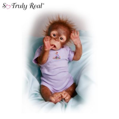 Here's a great opportunity to fall in love with the entire collection of So Truly Real&reg; orangutan baby dolls, just as adorable as the first! The Ashton-Drake Galleries is delighted to announce additional releases of exclusive collectible orangutan dolls, created by noted artist Melissa McCrory, in this first-of-its-kind doll collection. Own them all, starting with Issue Two, Little Risa, a cuddly newborn with her finger in her mouth. Soon after, your collection will continue with Issue Three, Little Jala the lovable sleepyhead. Additional baby orangutan dolls, each a separate issue, will follow.‡Look forward to each new baby orangutan doll in this collection to arrive; each one rivaling real life with incredibly realistic detail. Best of all, with your purchase of each baby orangutan doll in this collection, you help support the preservation of the world's rainforests, the natural habitat of the orangutan. Continue this memorable collection as monkey baby doll gifts for yourself or to give to someone special. Demand for these cuties is going bananas - so order now!