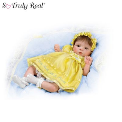 In her first-ever So Truly Real&reg; doll collection for The Ashton-Drake Galleries, Master Doll Artist Emily Jameson shows off al her natural, award-winning talent. One look at her art, and you'll understand why her sweetly innocent baby with big, brown eyes was named "Most Beautiful Baby Doll" at the prestigious Tiny Treasures doll show. Now that very same award-winning doll begins this collection for you: Issue One, With Faith, All Is Possible. Soon you'll receive other So Truly Real masterpieces from this fine artist, as your collection continues with Issue Two, God's Smallest Hands Bring the Greatest Joy, and Issue Three, God's Love Will Guide and Protect You. Additional lifelike baby dolls, each a separate issue, will follow.Available exclusively from The Ashton-Drake Galleries, each of these collectible, posable So Truly Real vinyl baby dolls has skin that looks and feels like a real baby's skin, plus meticulously hand-painted features and long eyelashes. And each one wears a custom-designed fancy outfit enhanced with gleaming, simulated pearls, to symbolize "pearls of wisdom," the inspiring statements of faith for which each baby is named. This gorgeous, lifelike baby doll collection from an award-winning artist will melt hearts everywhere, so they're sure to be in high demand! Order now!