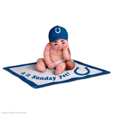 If you're a true-blue Colts fan still savoring the 2007 Super Bowl championship, you know the best day to be a fan is definitely game day! For all those other days, you can't help but ask "Is it Sunday yet?" just like this little guy. Here's a whole new way to show off you team pride with this memorable collection of Indianapolis Colts baby dolls, beginning with Issue One, Is It Sunday Yet? posed on his own Colts fan blanket. Soon to come are more simply adorable baby Colts fans, as your collection continues with Issue Two, Touchdown Colts, Issue Three, Halftime Snacktime, and additional baby-doll Indianapolis Colts memorabilia, each a separate issue to follow.Officially licensed by NFL Properties LLC, this amazing lifelike collection of Indianapolis Colts football memorabilia is a first-ever available exclusively from The Ashton-Drake Galleries. Each baby fan in the collection is sculpted and handcrafted in artist's resin right down to the smallest realistic detail, and their expressions and poses are unforgettable. These littlest fan dolls each come with doll-sized Colts gear like caps, blankets, miniature footballs and much more, each with the distinctive Colts team logo and team colors of blue and white. You'll love these spirited, pint-sized Colts fans, ready to bring a smile on game day and every day, so don't delay! High demand is expected from Colts fans everywhere, so order now!