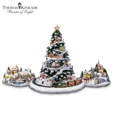 Here's a wonderful miniature Thomas Kinkade Christmas village collection - complete with its own moving train - designed to surround the Thomas Kinkade Village Christmas Tree (Item No. 1528730001, sold separately). Available only from Hawthorne Village, this vision of holiday cheer begins with Issue One, St. Nicholas Circle Express, featuring a miniature train that circles all around a snowy, sculpted base for your tree, as holiday music plays. Then expand this cozy and charming Kinkade Christmas decor scene with Issue Two, All Is Bright. Before long, your collection will continue with additional Christmas village miniatures, each a separate issue to follow.The sparkling, snow-covered base for the tree plays holiday favorites while the cab of the engine lights up, and the miniature train moves merrily all around the base. Each skillfully sculpted detail of the train is also meticulously hand-painted. Later in the village collection you'll delight to every detail crafted in collector-quality resin, from the illuminated buildings, to the tiny figures enjoying seasonal activities, to the "snow-dusted" trees. Let this collection warm your heart and delight your family. But hurry; strong demand for the collection is certainly expected, so order now!