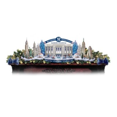 New York Yankees and the holidays - two things worthy of a celebration! They're teaming up in this first-ever Yankees Home for the Holidays garland collection. This winning line-up starts with an illuminating, sculptural replica of the 2009 Yankee Stadium main gate with a metal Yankees banner. Surrounding the gate is a sculpted, illuminating New York skyline that includes the Statue of Liberty. Your collection begins with Issue One, Yankee Stadium Main Gate Center Piece. Your collection continues with Issue Two, Yankee Stadium Main Gate Right Piece and Baseball, and additional home for the holidays garland pieces, each a separate issue to follow.‡This limited-edition collection from Hawthorne Village is handcrafted and hand-painted with attention to detail. Includes 4 fiber optic holiday trees that illuminate in Yankees blue and white, 2 fully-sculpted illuminating baseballs and a 4-foot lifelike pine garland with 60 lights. Strong demand is expected, so order now!