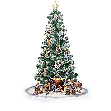 Thomas Kinkade Nativity Christmas Tree And Angel Ornament Collection With Skirt
