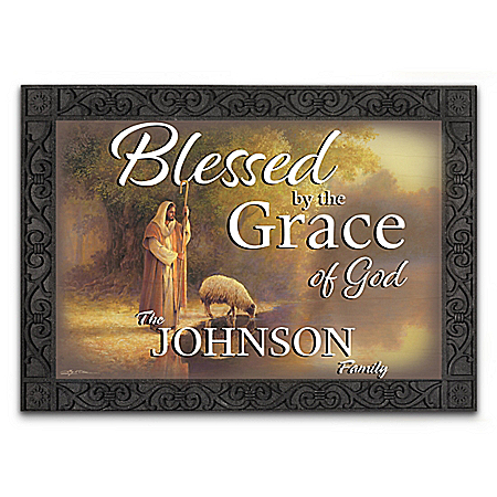 Our Blessed Home Personalized Welcome Mats With Jesus Art