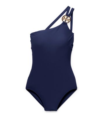 Tory Navy Tory Burch Logo One-shoulder Maillot  