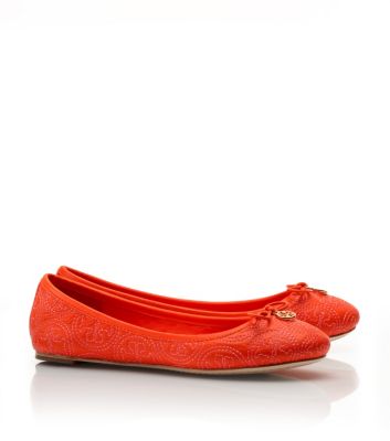 New Fire Orange Tory Burch Stitched Logo Chelsea Ballet Flat  