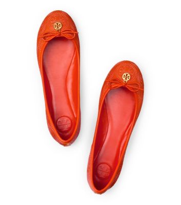New Fire Orange Tory Burch Stitched Logo Chelsea Ballet Flat 