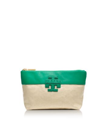 Emerald City/natural Tory Burch Stacked "t" Small Slouchy Cosmetic Case 