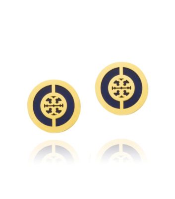 Tory Navy/shiny Gold Tory Burch Deco Logo Stud Earring 