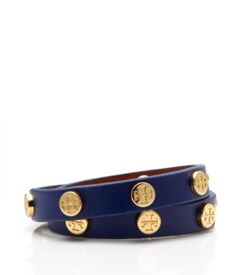 Tory Burch Leather Double Wrap Logo Stud Bracelet 