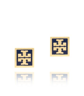 Tory Navy/shiny Gold Tory Burch Square Enamel Logo Stud Earring 