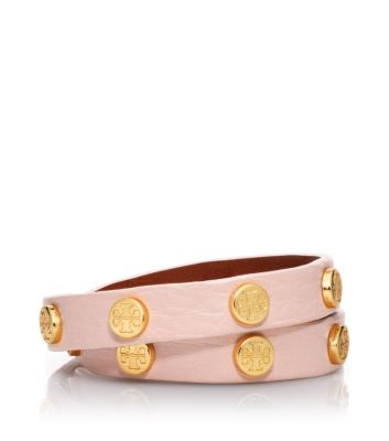 Warm Antelope/shiny Gold Tory Burch Leather Logo Studded Double Wrap Bracelet 