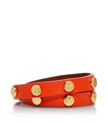 Fire Orange/shiny Gold Tory Burch Leather Logo Studded Double Wrap Bracelet 