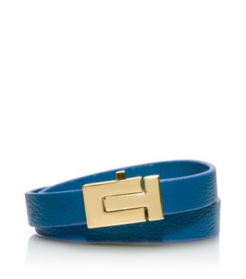 Shiny Gold/evening Sky Tory Burch Skinny "t" Push-lock Double Wrap Bracelet 