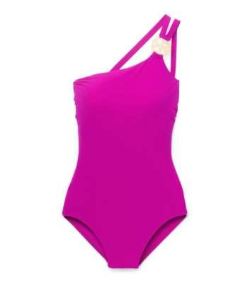 Party Fuschia. Tory Burch Logo One-shoulder Maillot  