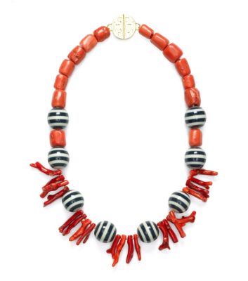 CORAL AND STRIPED BEAD NECKLACE