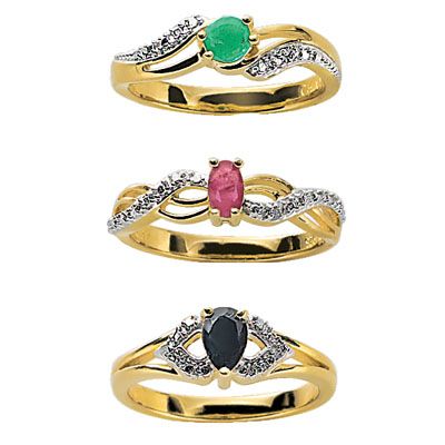 18K Gold Over Silver Precious Gemstone Ring Set