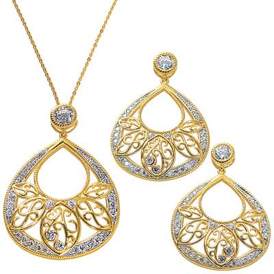 18K Gold Over Silver CZ Scroll 2Piece Jewelry Set