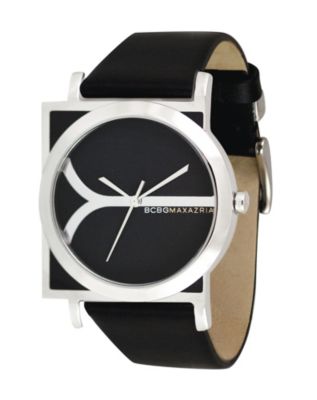 Ladies Black BCBG Soleil Strap WatchExperience a little French flair. Ladies Black BCBG Soleil Strap Watch. This exquisite watch inspired by the french word for the sun is designed by BCBGMAXAZRIA. The influence of their name comes from a Parisian slang phrase Bon Chic Bon Genre which translates as good style good class. Stainless steel case and caseback Round black dial set within a square shaped case Mineral crystal Black genuine leather strap Buckle clasp Japanese quartz movement with second hand Packaged in a BCBG box Water resistant to 30 meters Limited lifetime warranty from the manufacturerPhoto may have been enlarged to show detail