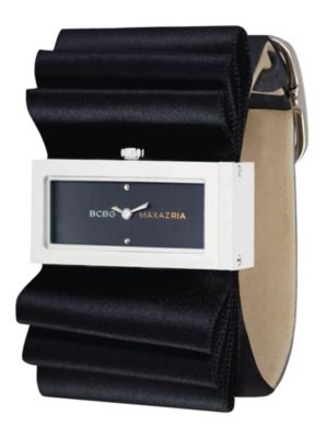 Ladies Black BCBG Plisse Strap WatchDress up your wrist with satin. Ladies Silvertone BCBG Plisse Strap Watch. This exquisite watch is named after the French word for pleats. This timepiece is part of the Eclectic collection from BCBGMAXAZRIA. The influence of their name comes from a Parisian slang phrase Bon Chic Bon Genre which translates as good style good class. Stainless steel case and caseback East/West black rectangular dial Features BCBGMAXAZRIA logo Mineral crystal Pleated satin ribbon strap Rectangular buckle clasp Japanese quartz movement Water resistant to 30 meters Includes BCBG packaging Limited lifetime warranty from the manufacturerPhoto may have been enlarged to show detail