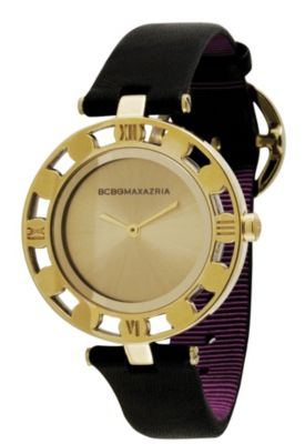 Ladies Goldtone BCBG Florence Strap WatchTime for vintage elegance. Ladies Goldtone BCBG Florence Strap Watch. This vintage style is designed by BCBGMAXAZRIA. The influence of their name comes from a Parisian slang phrase Bon Chic Bon Genre which translates as good style good class. Goldtone stainless steel caseStainless steel casebackRound goldtone dial with BCBGMAXAZRIA logoUnique cutout bezel with 4 engraved roman numeralsMineral crystalStunning black genuine leather strap with raspberry grosgrain liningGoldtone round buckle claspJapanese quartz movement Water resistant to 30 metersPackaged in a BCBG box Limited lifetime warranty from the manufacturerPhoto may have been enlarged to show detail