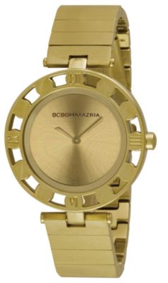 Ladies Goldtone BCBG Florence Bracelet WatchTime for vintage elegance. Ladies Goldtone BCBG Florence Bracelet Watch. This vintage style is designed by BCBGMAXAZRIA. The influence of their name comes from a Parisian slang phrase Bon Chic Bon Genre which translates as good style good class. Goldtone stainless steel case Stainless steel caseback Round goldtone dial with BCBGMAXAZRIA logo Unique cutout bezel with 4 engraved roman numerals Mineral crystal Adjustable goldtone stainless steel bracelet Push button deployment clasp Japanese quartz movement Water resistant to 30 meters Packaged in a BCBG box Limited lifetime warranty from the manufacturerPhoto may have been enlarged to show detail