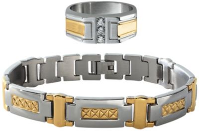 Two Tone Stainless Steel Men's Bracelet & Ring Set